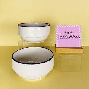 Mainstays White Blue Trim Rim Stoneware Stackable 5.75" Soup Cereal Bowls Set 2
